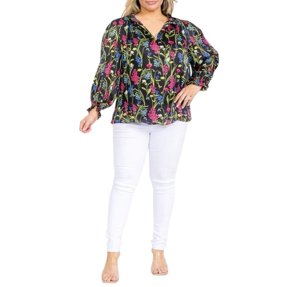 Plus Size, Sugarlips Pink and Green Ruffled Puff Sleeve Blouse, Size 2X - Picture 2 of 9